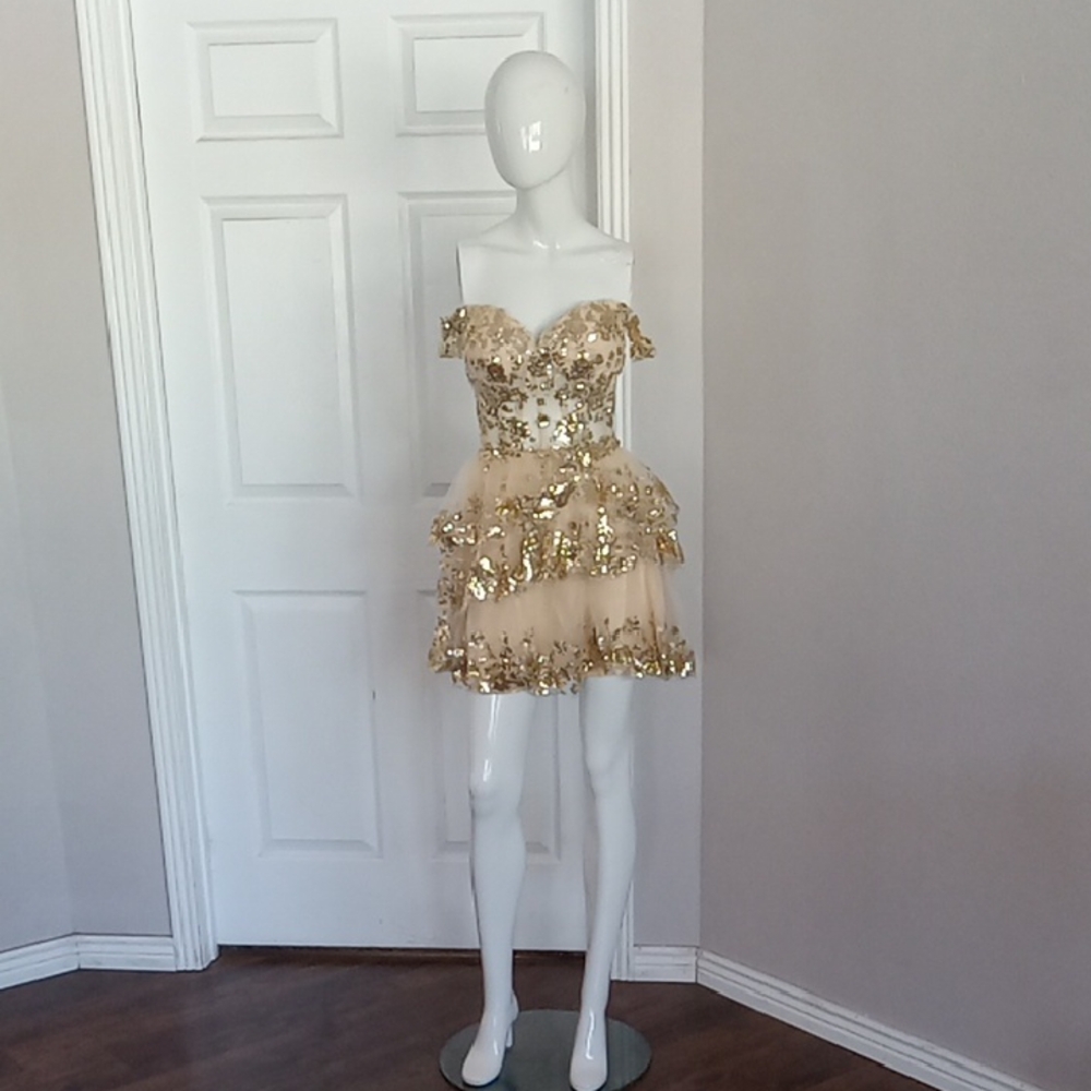 Gold Sequin Strapless Dress